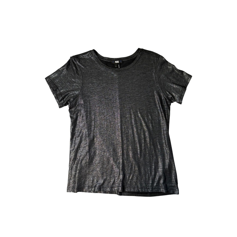 PAIGE Womens Black Silver Metallic Foil Short Sleeve Crew Neck Tee Small
